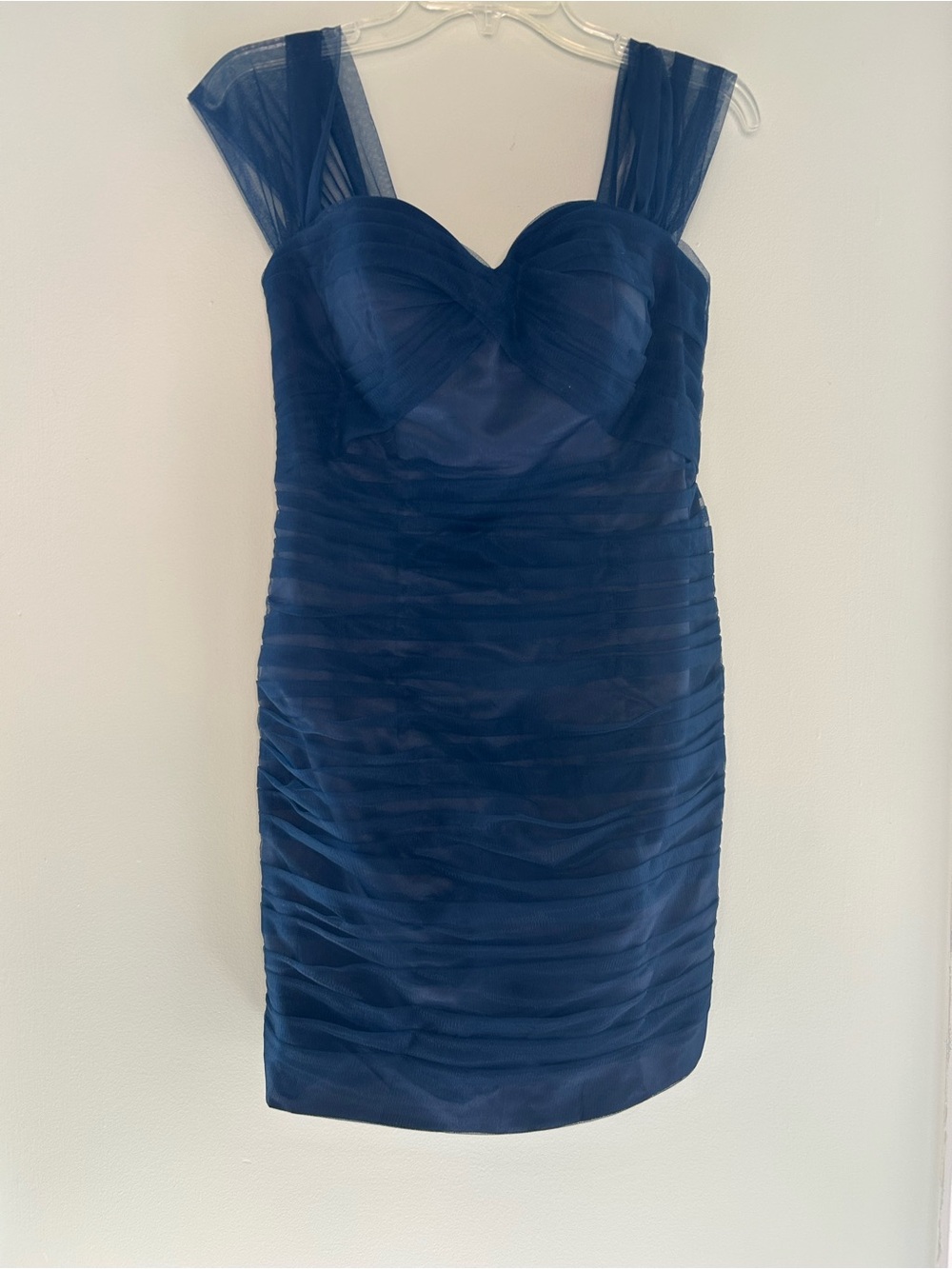 Navy Blue Sheer Overlay Ruched Cocktail Dress